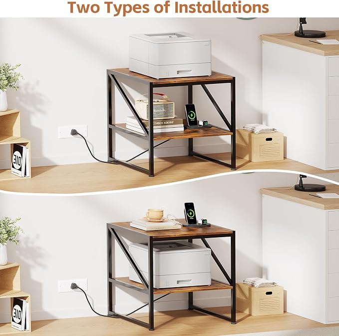 2-Tier Large Priner Stand with Charging Station, 20"×20" Under Desk Printer Table with Power Outlets and USB Ports for Office, Mini Fridge Stand, Storage Shelf for Scanner Fax Machine, Rustic Brown