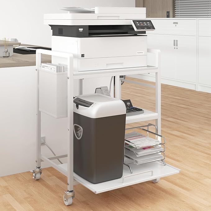 Sedegn Large Printer Stand with Wheels: Lockable Rolling Printer Cart | 24 x 18 Inch Top Fits Laser Printers Shredders and PC Towers 3-Outlet Power Strip and Storage Bag for Home Office (White)