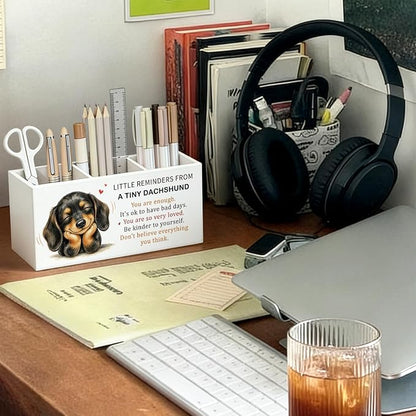 Positive Dachshund Pen Pencil Holder Desk Decor Gifts for Women | Cute Dachshund Inspirational Pen Pencil Wooden Organizer Office Desk Accessories Decor for Dorm Room Bedroom Tabletop