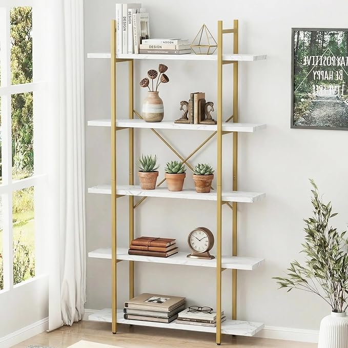 5 Tiers Bookshelf Organizer White Faux Marble Shelf,Modern Open Display Storage Bookcase, and Metal Bookshelf Standing Storage Shelf Tall Shelving Units for Home Office Study