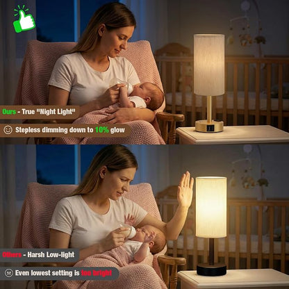 Touch Bedside Table Lamp with Memory - Stepless Dimmable Lamp for Bedroom, Small Nightstand Lamp with Dual USB Charging Ports and AC Outlet, Wood Night Light, Desk Lamp for Nursery (Cream & Gold)