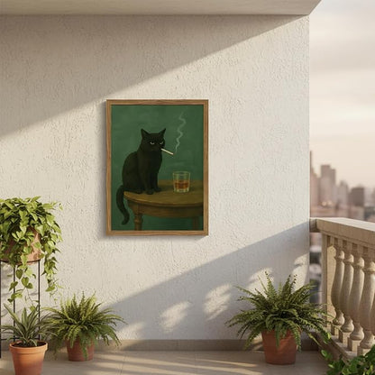 Moody Black Cat Canvas Wall Art 12x16 in Funny Smoking Cat with Whiskey Wall Decor Vintage Whimsical Animal Painting Dark Humor for Bar Cart Kitchen Living Room Wood Framed