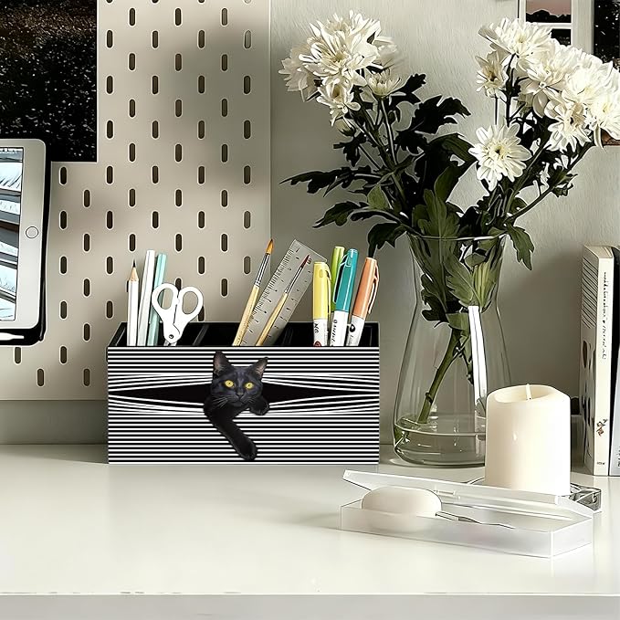Funny Black Cat Pen Pencil Holder for Desk, Black Cat Mom Lady Lovers Gifts for Women, Pet Lover Gifts Wooden Box Sign Decorations for Home Office Desk Tabletop