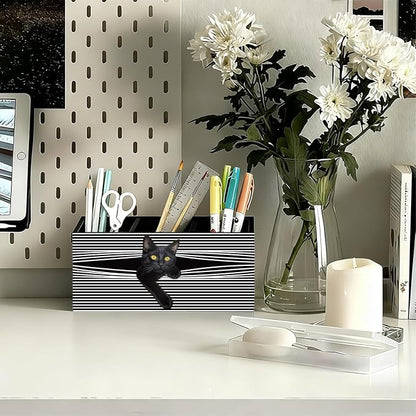 Funny Black Cat Pen Pencil Holder for Desk, Black Cat Mom Lady Lovers Gifts for Women, Pet Lover Gifts Wooden Box Sign Decorations for Home Office Desk Tabletop
