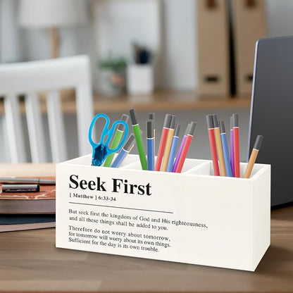 Christian Wooden Pen Pencil Holder for Home Office Desk Accessories, Christian Gifts for Women Men, Bible Verse Seek First Matthew 6:33-34 Makeup Brush Toothbrush Holder Organizer