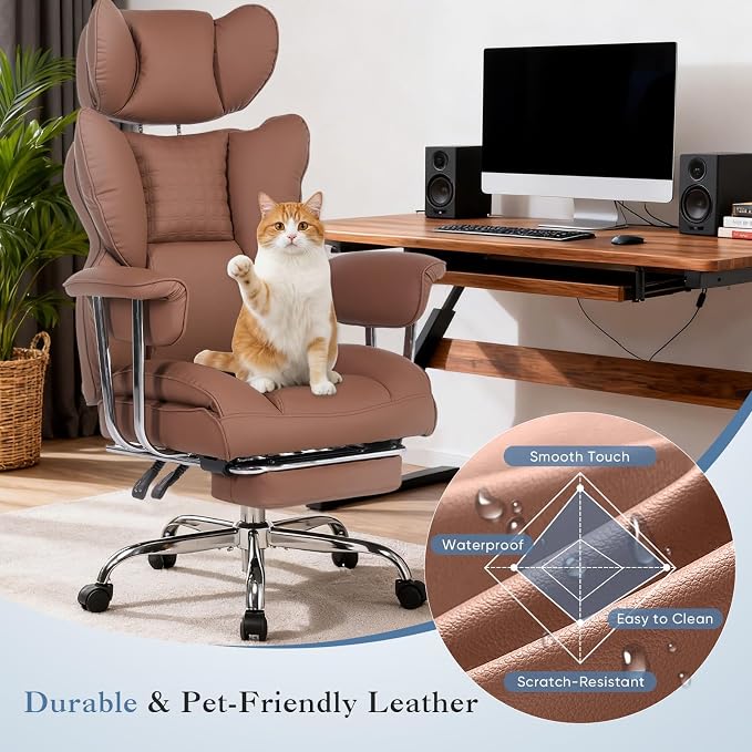 DUMOS Big and Tall Office Chair 400 LBS, Scratch-Resistant PU Leather Executive Office Desk Chair with Footrest, Ergonomic Reclining Computer Chairs with Pocket Spring Support, Brown