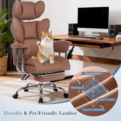 DUMOS Big and Tall Office Chair 400 LBS, Scratch-Resistant PU Leather Executive Office Desk Chair with Footrest, Ergonomic Reclining Computer Chairs with Pocket Spring Support, Brown