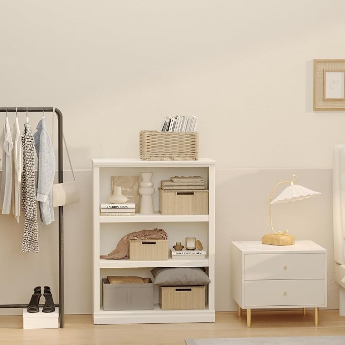 blini 3-Shelf Bookcase White Wooden Bookshelves 33in Wide Floor Standing Display Storage Book Shelves Tall Bookcase for Home Office, Living Room, Bedroom