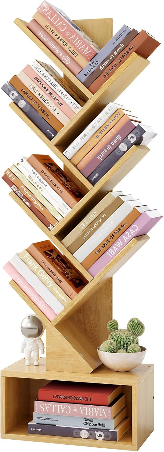 Hoctieon 6 Tier Tree Bookshelf, Tall Bookcase with Drawer, Freestanding Book Shelf, Display Floor Standing Storage Shelf, Book Organizer Shelves for Home Office, Living Room, Bedroom, Yellow