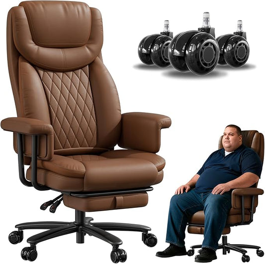 Executive Office Chair Big and Tall 500LBS, 165° Reclining Heavy Duty Office Chair with Footrest & Quiet Rubber Wheels, Height Adjustable, Soft Strong Padded Arms, Brown