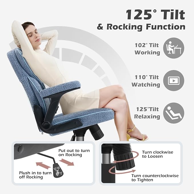 SEATZONE Home Office Desk Chairs with Wheels and Armrests,Office Chair Comfortable Ergonomic Mesh with Teddy Fleece Fabric Executive Computer Chairs for Adults and Teens,Blue