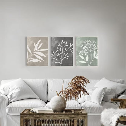 Vintage Botanical Wall Art Set of 3 Prints,Boho Framed Canvas Wall Art,Minimalist Floral Art Boho Wall Decor Living Room,Sage Green Grey Beige Netural Plant Wall Paintings for Bedroom Bathroom Decor,12"x16"