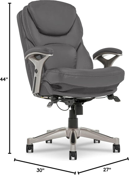 Serta Claremont Executive Office Chair with Back-In-Motion Technology, Ergonomic Mid-Back with Pivot Lumbar Support and Seat, Plush Cushion, Body Pillows, Adjustable Arms, Bonded Leather, Gray