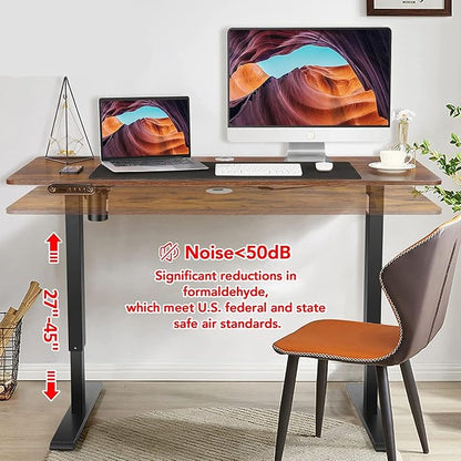 Electric Adjustable Height Standing Desk, 48×24 Inches Sit Stand Desk with Power Socket, 2 USB Ports, 3 Power Outlets, 4 Wheels,4 Memory Buttons Home Office Computer Workstations (Brown)