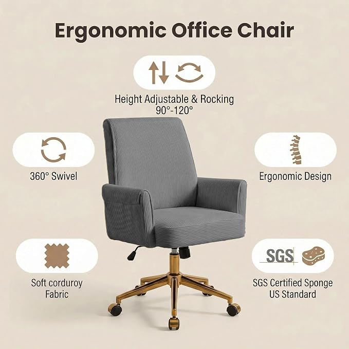 Stripes Velvet Home Office Desk Chair, Accent Upholstered Modern Height Adjustable Swivel Chair with Wheels,Ergonomic Task Chair for Living Room,Bedroom,Vanity,Study,Office（Gray）