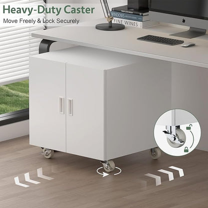 Metal Printer Stand, Rolling Table for Printers, Large Printers Table with Storage, Office Printer Stand for Copier, Fax, Heavy Duty Stands with Shelf for School, Workplace, White