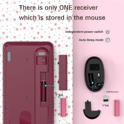 Links9+ Retro Wireless Keyboard and Mouse Combo, 104-Key Full-Size Floating Round Keycaps, 2.4G Plug & Play, USB & Type-C Ready, Ergonomic Set for Mac, Laptop, PC, Windows (Burgundy-Black)