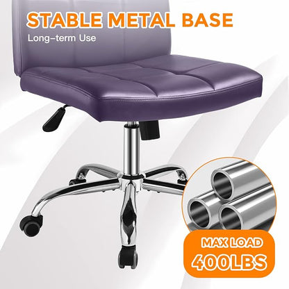 360° Office Desk Chair,PU Adjustable Rolling Task Chair with Backrest for Barber,Office,Home, Computer,360° Swivel,Armless (Widened Purple)