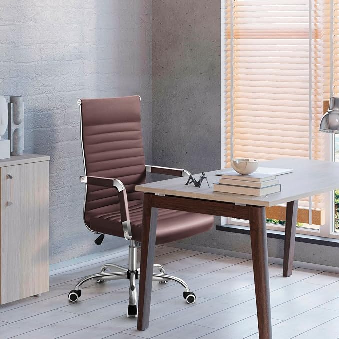 Shahoo Ribbed Office Chair, Mid-Back PU Leather Office Chair Executive Task Chair with 360° Swivel Wheels for Conference Room, Home Offices (Brown)