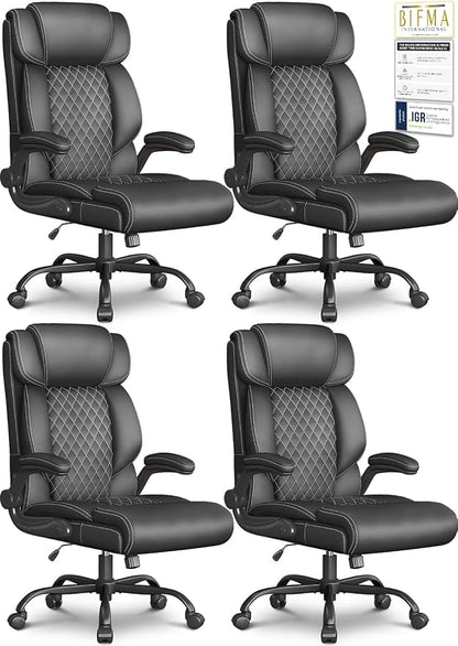 Office Chair-Executive High Back Breathable Big and Tall Office Chair Flip-up Armrests Lumbar Support-Ergonomic Leather Rolling Swivel Chair with Rock Function for Working Studying Gaming,4 Pack