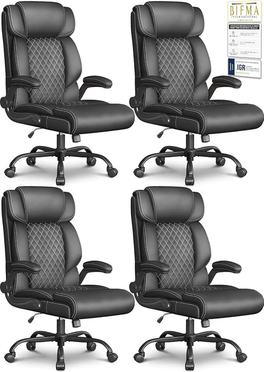 Office Chair-Executive High Back Breathable Big and Tall Office Chair Flip-up Armrests Lumbar Support-Ergonomic Leather Rolling Swivel Chair with Rock Function for Working Studying Gaming,4 Pack