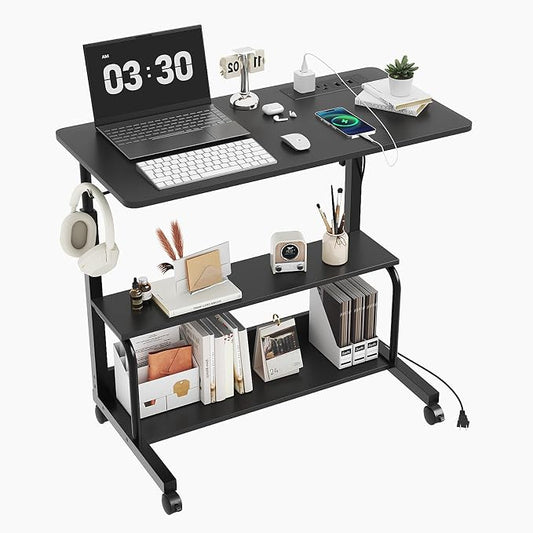 VINGLI 31.5" Mobile Small Standing Desk, Adjustable Height Mobile Computer Desk, w/2 AC Outlets + 3 USB Ports & Hooks, Storage Shelves, Suitable for Gaming, Studying, Home Office, Black