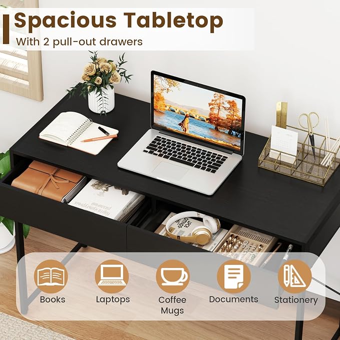 GOFLAME 44 Inch Computer Desk with 2 Drawers, Home Office Desk with Metal Frame, Small Study Writing Workstation with Storage, PC Laptop Table for Living Room, Bedroom, Study, Black