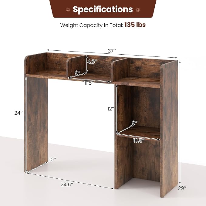 LDAILY Desktop Shelf, Multipurpose Wood Desk Hutch for Max 27" Computer Monitor, Countertop Storage Hutch with 5 Shelves, 3 Tier Desktop Display Rack for Dorm Office Home (Rustic Brown)
