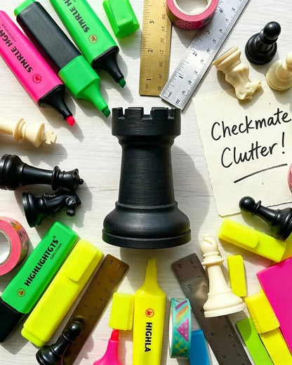 Chess Rook Pen Holder, 3D Printed Chess Piece Desk Organizer for Home Office Decor, Black (Black)