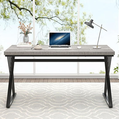 FOLUBAN Modern Desk, Rustic Wood and Metal Computer Desk for Home Office, Simple Study Writing Gaming Table for Bedroom Living Room, Light Grey, 53 Inch