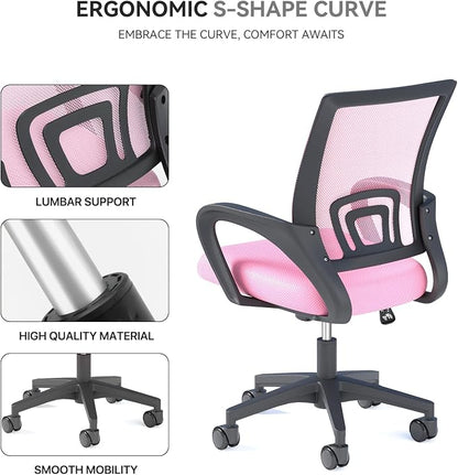 Office Chair, Ergonomic Mid-Back Mesh Desk Chair with Lumbar Support, Adjustable Height Computer Chair with Rolling Wheels Design,Comfy Armrest for Work, Study, Gaming, Pink
