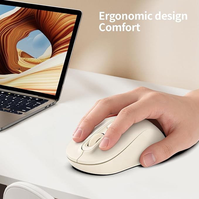 Wireless Mouse, 2026 New Model, Silent Click Ergonomic Design, Portable, 4 Buttons, Adjustable DPI (800/1200/1600), for Laptop/PC/Office (Beige)