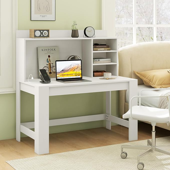 Giantex Computer Desk with Hutch, Modern Home Office Desk with Power Outlets, Storage Shelves & Cable Hole, Makeup Vanity Table, Study Writing Desk for Bedroom Office Small Space, White