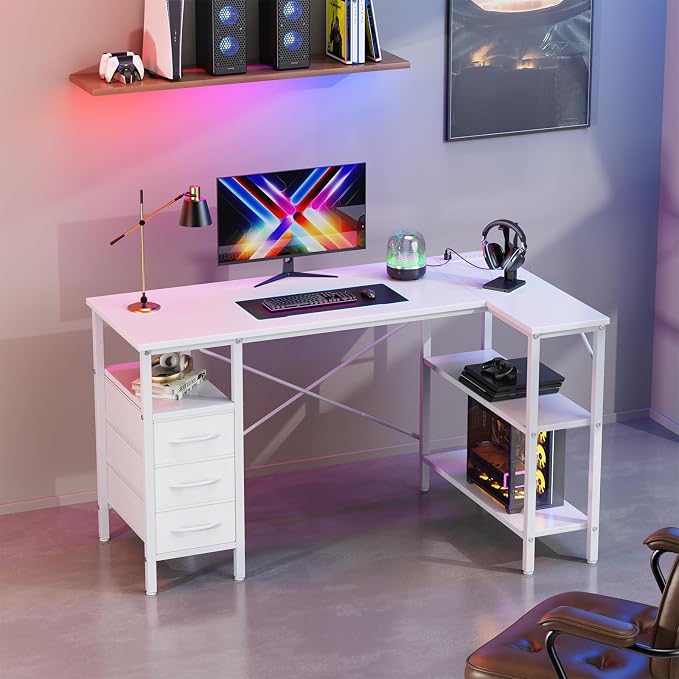 Simple Deluxe L Shaped Gaming Desk with Power Outlets, 47 Inch Computer Desk with 3 Drawers, Shelves, Corner Computer Desk for Gaming, Corner Work, Home Office, Study, White