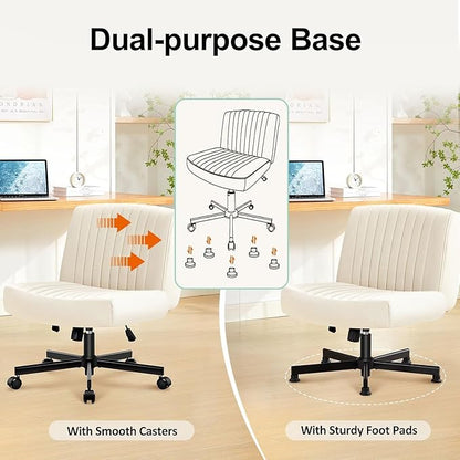 Criss Cross Chair with Wheels,Thick Padded Leather Cross Legged Office Desk Chair with Pocket Spring Cushion,Dual-Purpose Base,Wide Adjustable Computer Home Office Vanity Chair,Beige