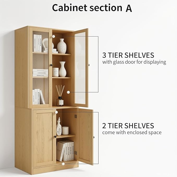 TUSY 71'' Bookshelf with Doors - 5 Tier Freestanding Tall Bookcase, Modern Storage Cabinet for Home Office, Curio Cabinets with Glass Door for Living Room, Bedroom (1, Wood)