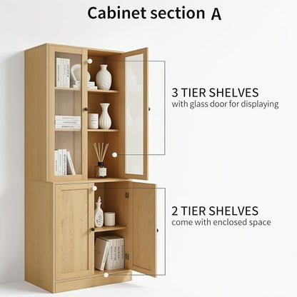 TUSY 71'' Bookshelf with Doors - 5 Tier Freestanding Tall Bookcase, Modern Storage Cabinet for Home Office, Curio Cabinets with Glass Door for Living Room, Bedroom (1, Wood)