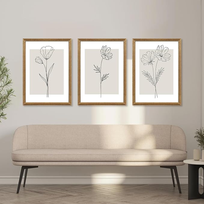 ICHZUMW Neutral Botanical Floral Wall Art, Black and White Farmhouse Flowers Wall Decor, Modern Minimalist Line Art Canvas Prints, Beige Artwork, Living Room Bedroom Home Office, Set of 3, 20x30in