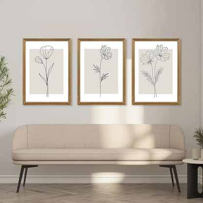 ICHZUMW Neutral Botanical Floral Wall Art, Black and White Farmhouse Flowers Wall Decor, Modern Minimalist Line Art Canvas Prints, Beige Artwork, Living Room Bedroom Home Office, Set of 3, 20x30in