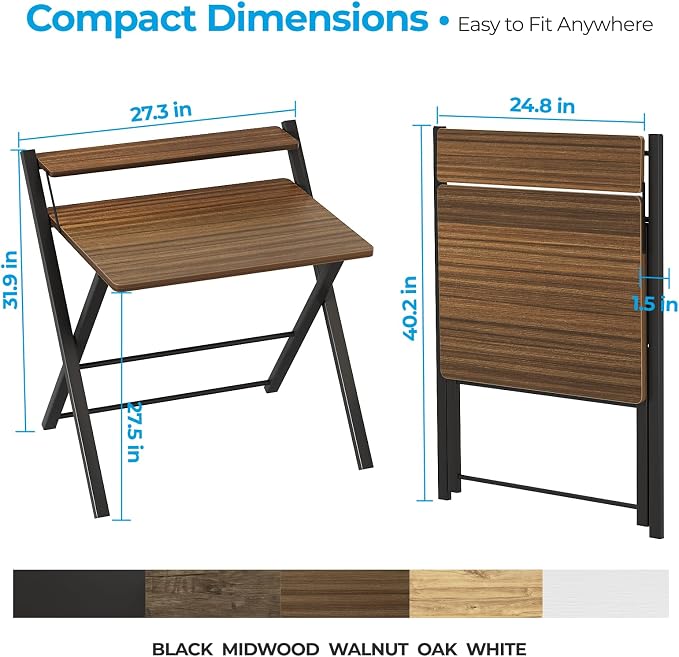 GreenForest No Assembly Folding Desk, 2-Tier Compact Computer Desk with Shelf, Space Saving Foldable Table for Home Office, Dorm or Apartment, Portable Collapsible Sturdy Laptop Desk, Espresso