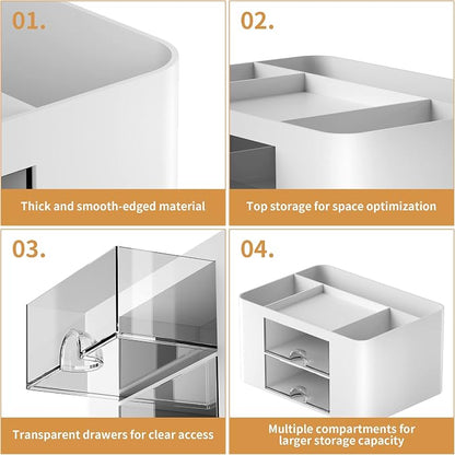 Marbrasse Pen Organizer with 2 Drawer, Multi-Functional Pencil Holder for Desk, Desk Organizers and Accessories with 5 Compartments + Drawer for Office Art Supplies (White)