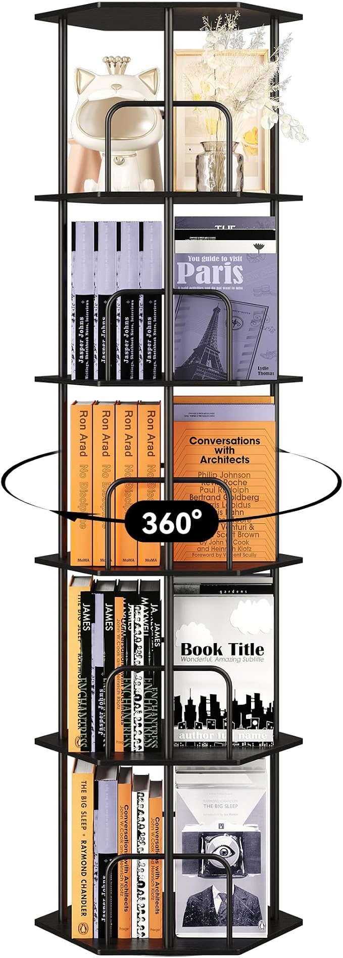 SUNMORY 5 Tier Rotating Bookshelf Tower, Revolving 360 ° Spinning Bookcase, Hexagonal Corner Book Shelf Storage Carousel, Vertical Rotate Turning Organizer Book Shelves for Living Room Office Bedroom