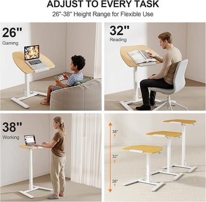 ROMOON Foldable Small Standing Desk with No-Assembly Design, Rolling Height-Adjustable Sit-Stand Table with Wheels, Space-Saving Portable Laptop Cart for Home Office and Small Space (Natural Oak)
