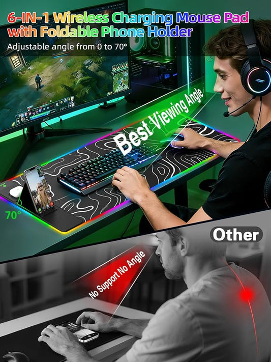 Mouse Pad with Foldable Phone Holder & Wireless Charger, XXL RGB Gaming Mousepad 31.5"x15.8" Large Desk Mat for Keyboard, 11 Colors 5 Modes