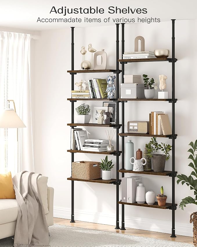 ALLZONE Adjustable Tall Narrow Bookshelf, 5-Tier Floor-to-Ceiling Tension Mount Ladder Book Shelf with Storage for Versatile Uses, Fits 92-116 Inch Ceilings, 27.84-Inch Wide Wood Shelves, Rustic Brown