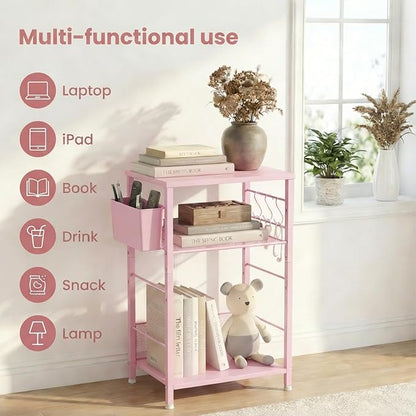 ECOLOVI 3 Tier Printer Stand for Under Desk, Height Adjustable Shelf Small Printer Table with 3 S-Hooks & Basket, Heavy Duty Industrial Storage Shelf for Home Office (Pink Wood)
