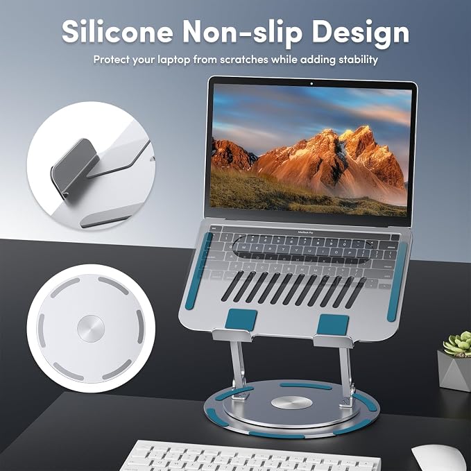 Lifelong Adjustable Laptop Stand with 360° Rotating Base, Ergonomic Computer Stand for Desk, Foldable & Portable Laptop Riser Holder Fits All MacBook, Laptops 10-16 Inches, Silver