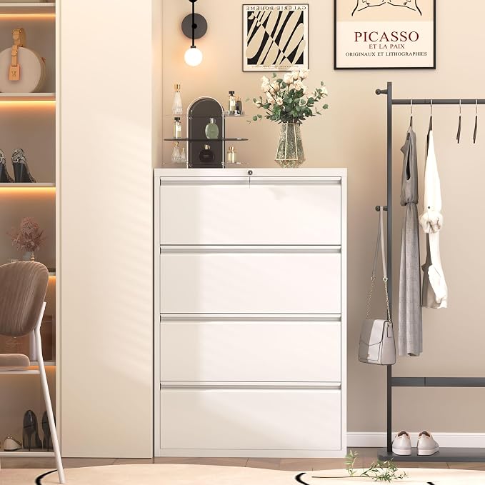INTERGREAT 4 Drawer File Cabinet, Metal Lateral Filing Cabinet for Home Office, Locking Horizontal File Cabinets for Hanging Files Letter/Legal/F4/A4 (White)