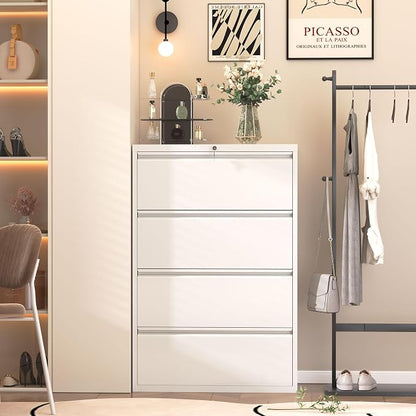 INTERGREAT 4 Drawer File Cabinet, Metal Lateral Filing Cabinet for Home Office, Locking Horizontal File Cabinets for Hanging Files Letter/Legal/F4/A4 (White)