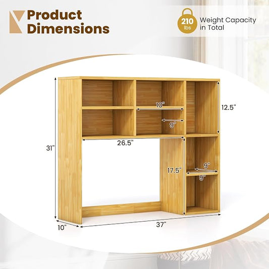 LDAILY Desktop Bookshelf, 37’’ Wood Desk Shelf with 7 Cubes & 3 Adjustable Shelves, 3-Tier Desk Display Rack, Desk Hutch for Dorm College Office Computer Monitor Up to 27’’ (Burlywood, 7 Shelves)